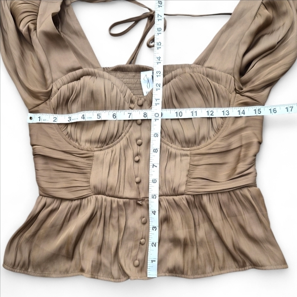 Joie XS Tan Satin Corset Top Puff Sleeve Cutout Tie-Back Romantic Date Night - Picture 9 of 11